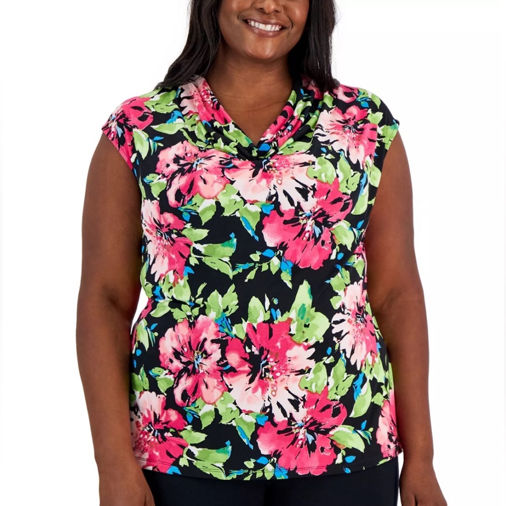 Plus Size Floral Print Cowlneck Cap Sleeve Top  SIZE 3X